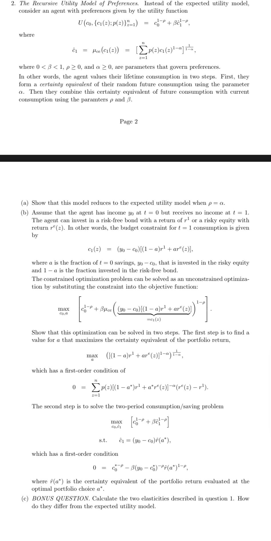 2. The Recursive Utility Model of Preferences. | Chegg.com