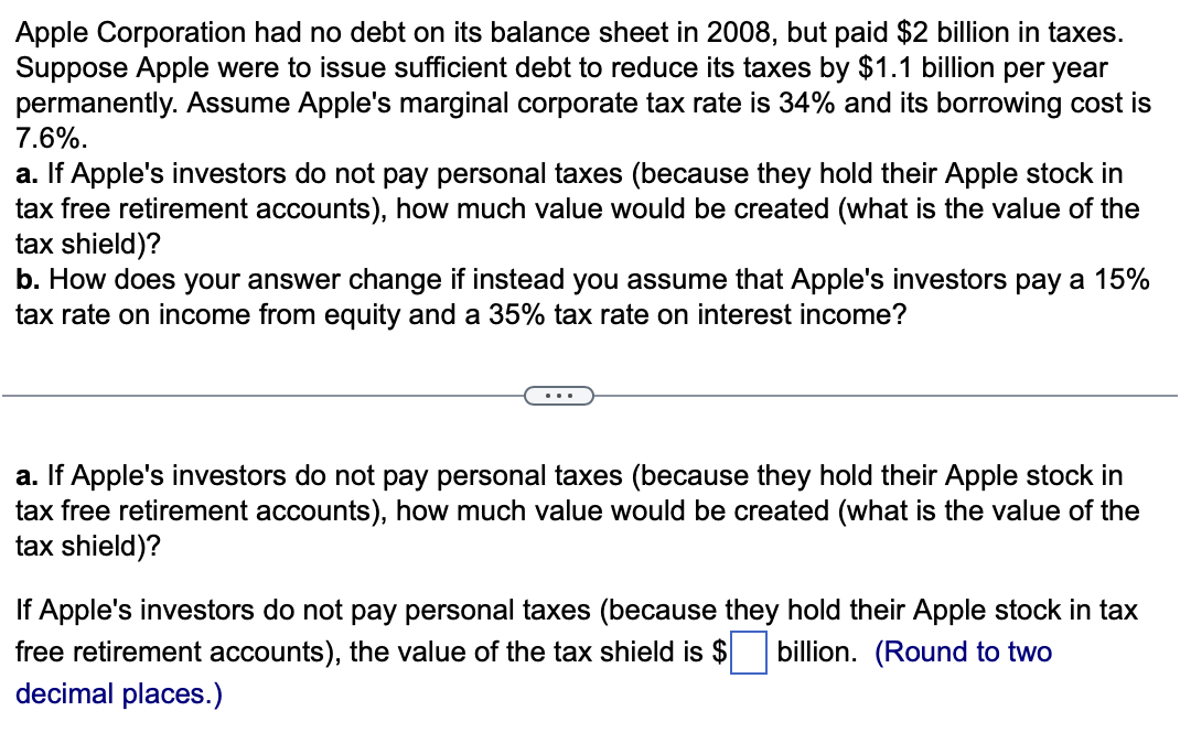 Solved Apple Corporation had no debt on its balance sheet in