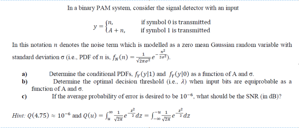 Solved In A Binary Pam System, Consider The Signal Detector 