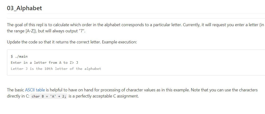 Solved 03_Alphabet The goal of this repl is to calculate | Chegg.com