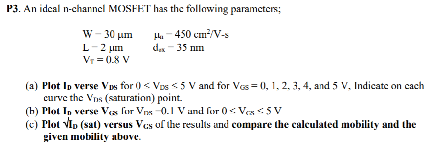 Solved P3 An Ideal N Channel Mosfet Has The Following Pa Chegg Com