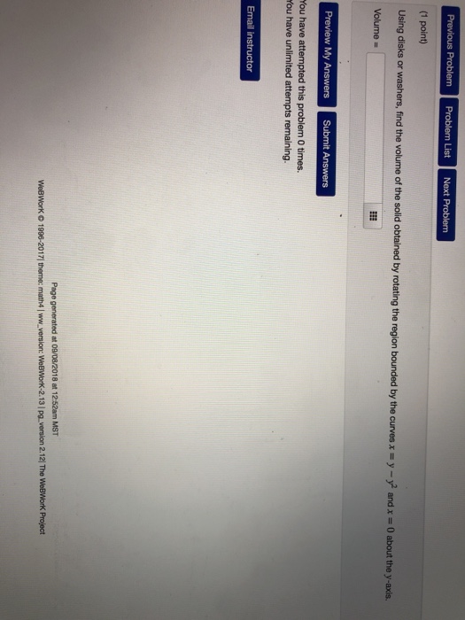 Solved (1 point) Using disks or washers, find Volume the