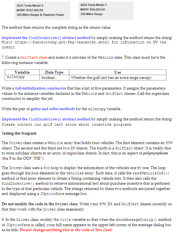 Solved 4. The vehicle class has the following instance | Chegg.com