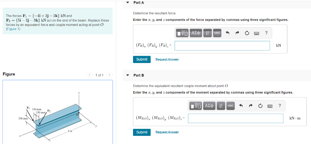 Solved The forces F1={−4i+3j−2k}kN and F2={5i−3j−3k}kN act | Chegg.com