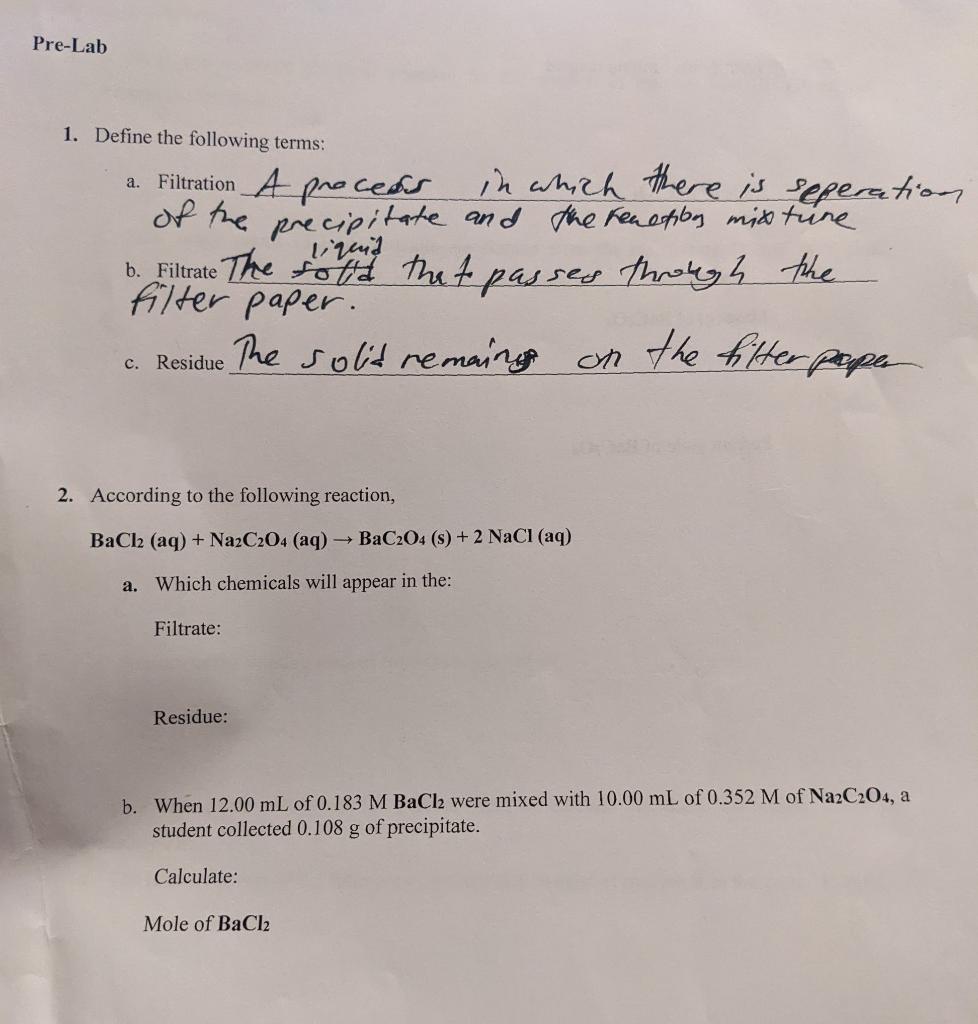 Solved PreLab 1. Define the following terms a. Filtration
