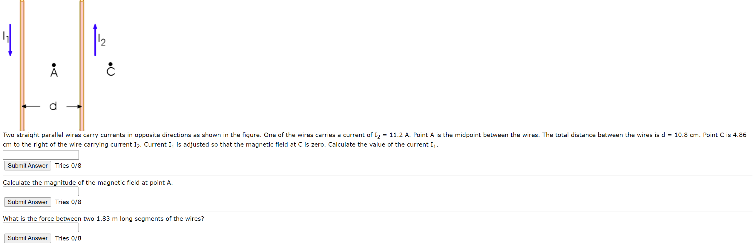 Solved l 112 Å d Two straight parallel wires carry currents | Chegg.com