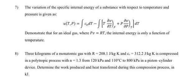 Solved The variation of the specific internal energy of a | Chegg.com