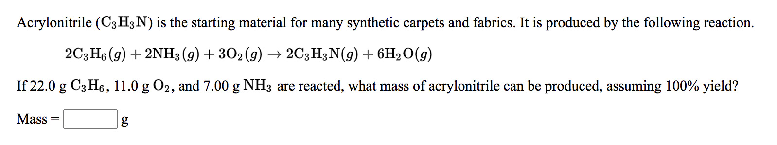 Solved Acrylonitrile (C3H3N) is the starting material for | Chegg.com