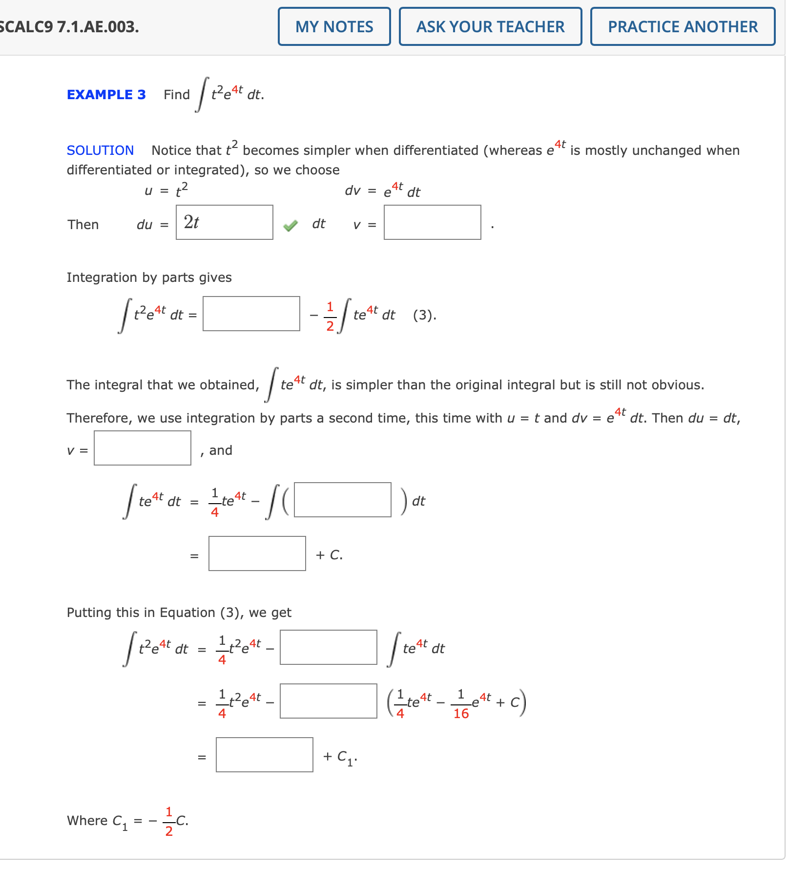 Solved EXAMPLE 3 Find ∫t2e4tdt SOLUTION Notice that t2 | Chegg.com