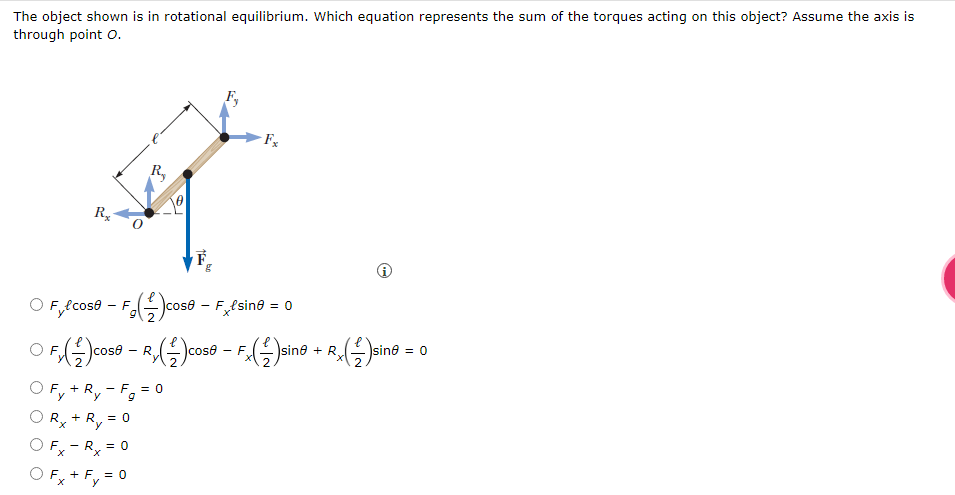 The object shown is in rotational equilibrium. Which equation represents the sum of the torques acting on this object? Assume