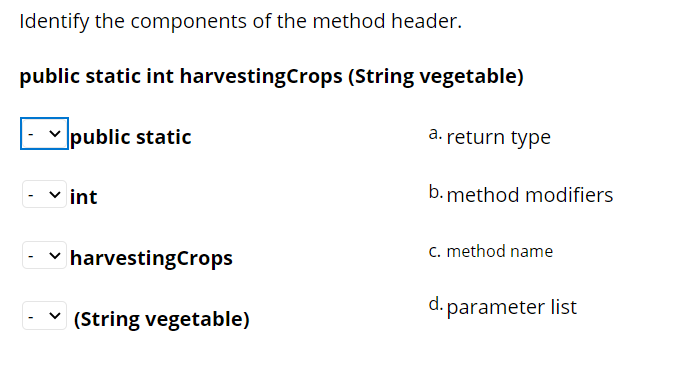 Solved Identify the components of the method header. public | Chegg.com