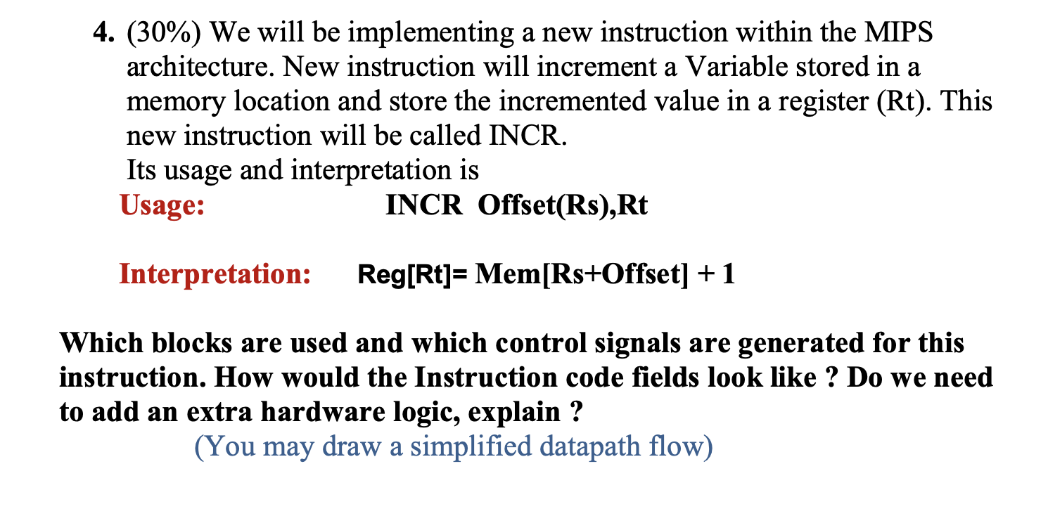 Solved 4. (30%) We will be implementing a new instruction | Chegg.com