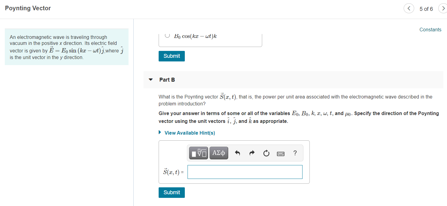 Solved Poynting Vector 5 Of 6 Constants An Electromagneti Chegg Com