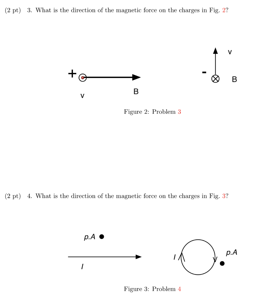 2 pt) 3. What is the direction of the magnetic force on the charges in Fig. 2?
2 pt) 4. What is the direction of the magnetic