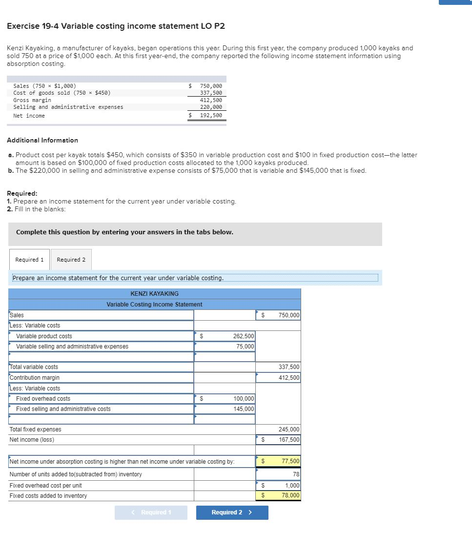 Solved Exercise 19 4 Variable Costing Income Statement LO P2 Chegg