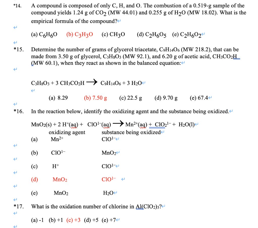 Solved *14. A compound is composed of only C, H, and O. The | Chegg.com