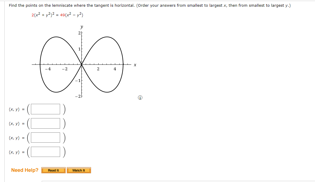 Find the points on the lemniscate where the tangent is horizontal. (Order your answers from smallest to largest \( x \), then