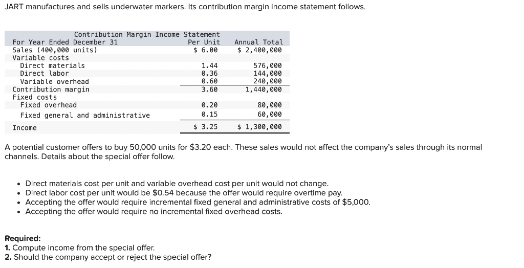 JART manufactures and sells underwater markers. Its contribution margin income statement follows.
A potential customer offers