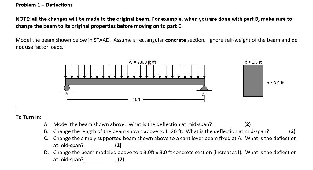 Solved Problem 1 - Deflections NOTE: all the changes will be | Chegg.com