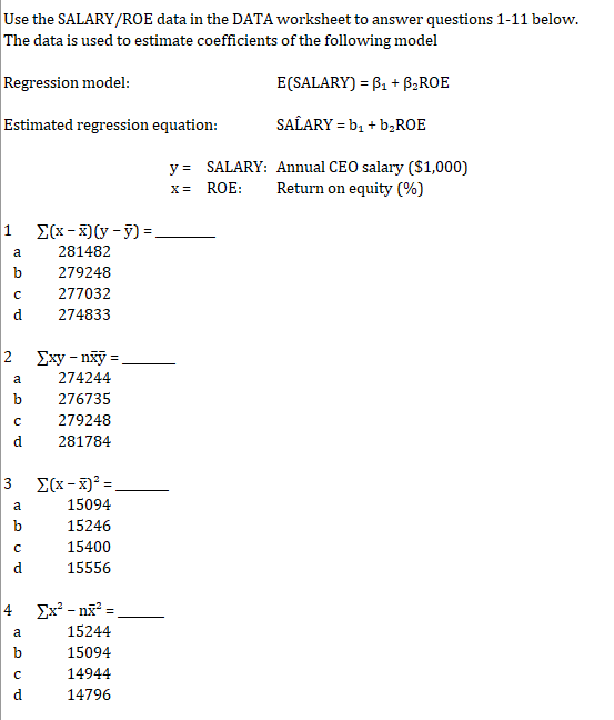Use the SALARY/ROE data in the DATA worksheet to | Chegg.com