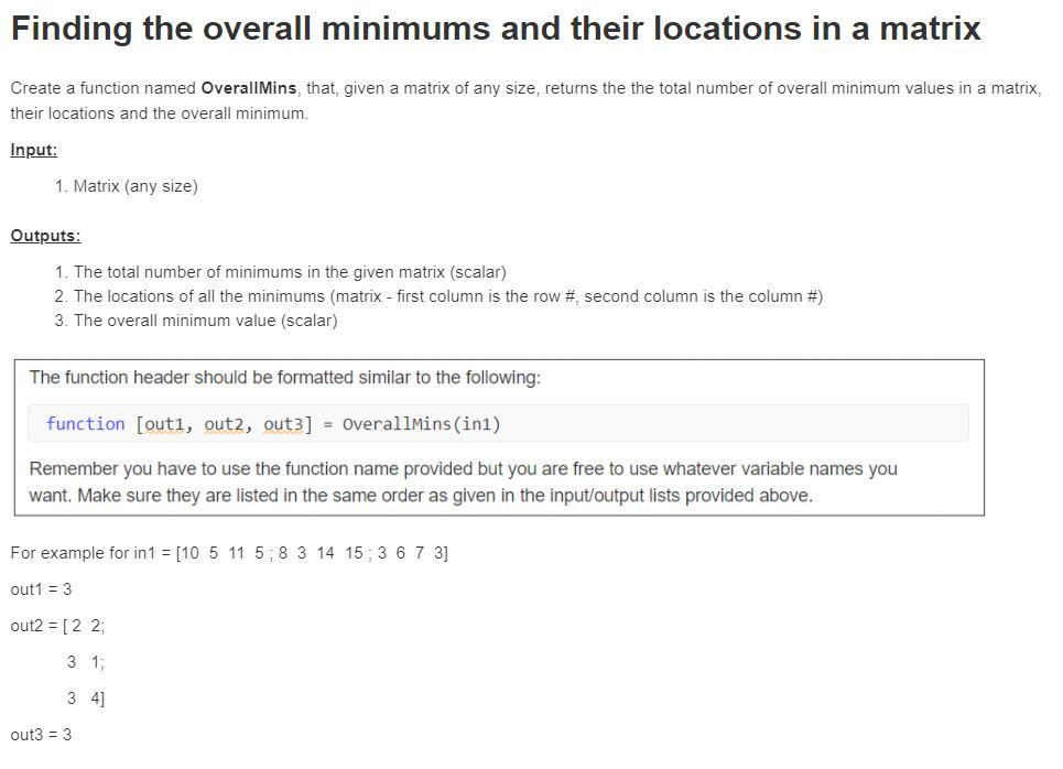 Solved Finding the overall minimums and their locations in a