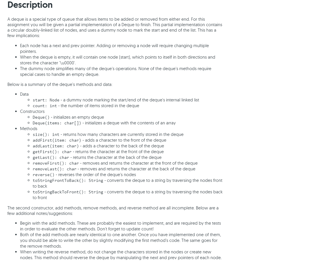 Solved Starter Code: public class Deque { //Internal | Chegg.com