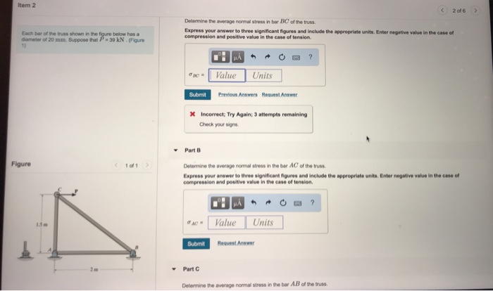 Solved Item 2 2of6 Determine the average normal stress in | Chegg.com