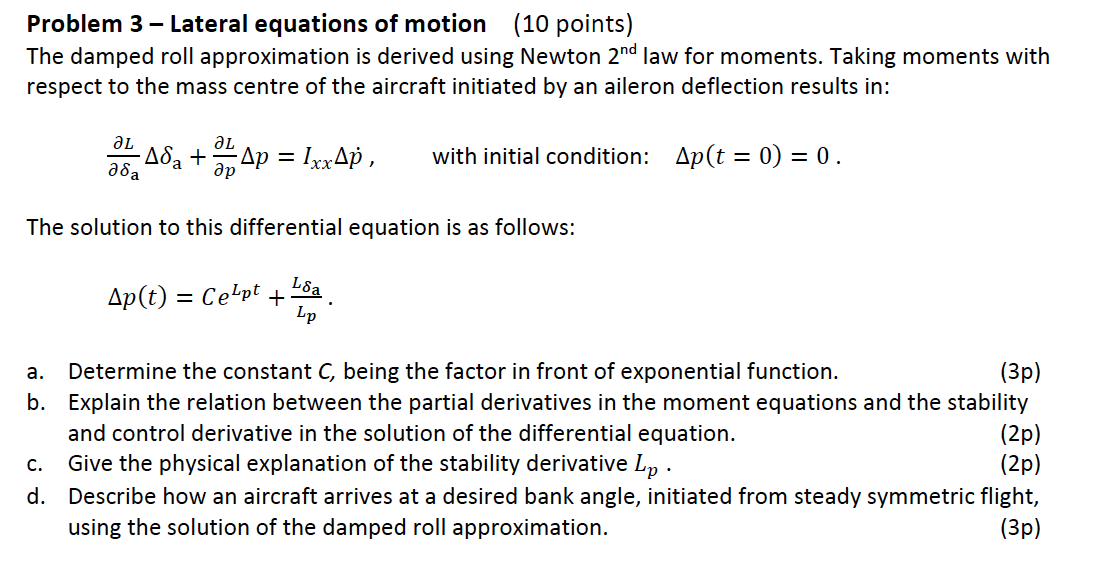 Solved Problem 3 - Lateral equations of motion (10 points) | Chegg.com