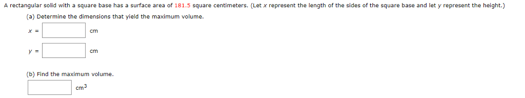 Solved A rectangular solid with a square base has a surface | Chegg.com