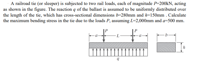 A railroad tie (or sleeper) is subjected to two rail loads, each of magnitude \( P=200 \mathrm{kN} \), acting as shown in the