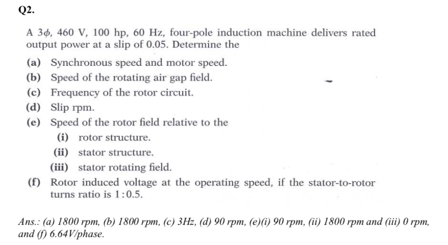 Solved Q2. A 36, 460 V, 100 hp, 60 Hz, four-pole induction | Chegg.com