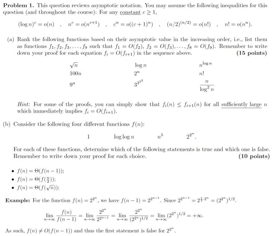 Solved Problem 1. This question reviews asymptotic notation. | Chegg.com