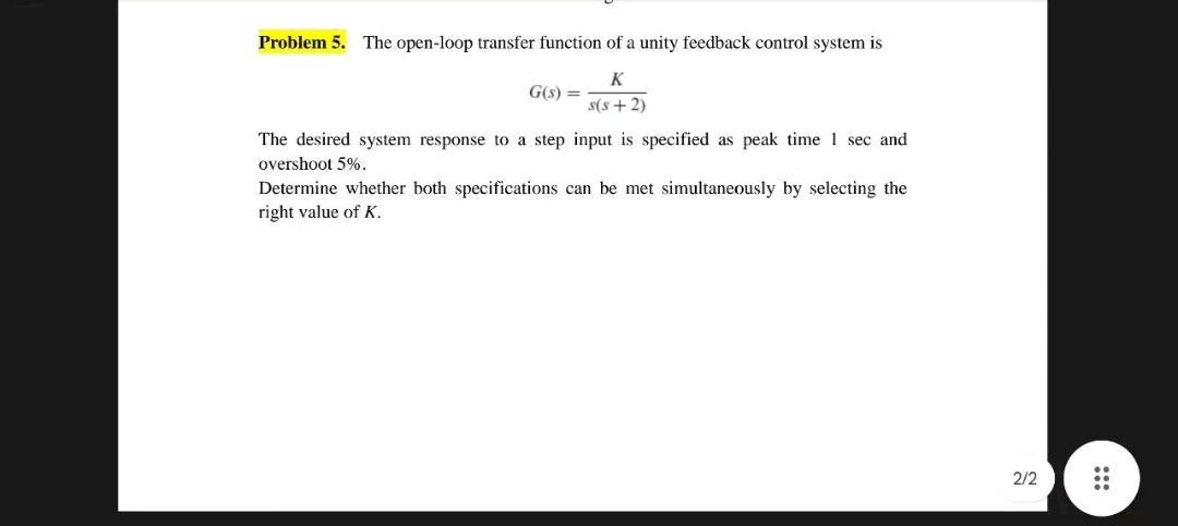 Solved Problem 5. The open-loop transfer function of a unity | Chegg.com