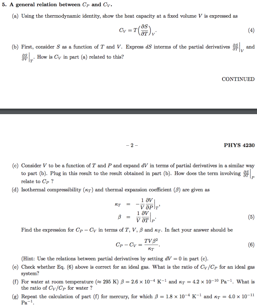 Relation Between Cp And Cv In Terms Of Coefficients Of Expansion And