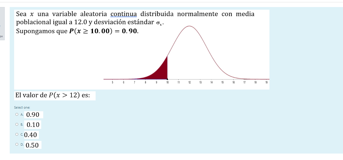 Sea x una variable aleatoria continua distribuida normalmente con media poblacional igual a 12.0 y desviación estándar q. Sup