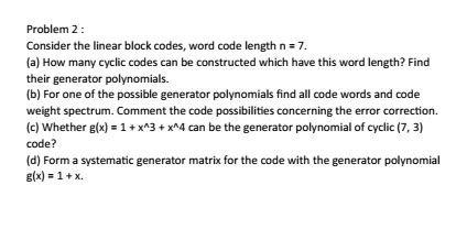 Solved Problem 2: Consider the linear block codes, word code | Chegg.com