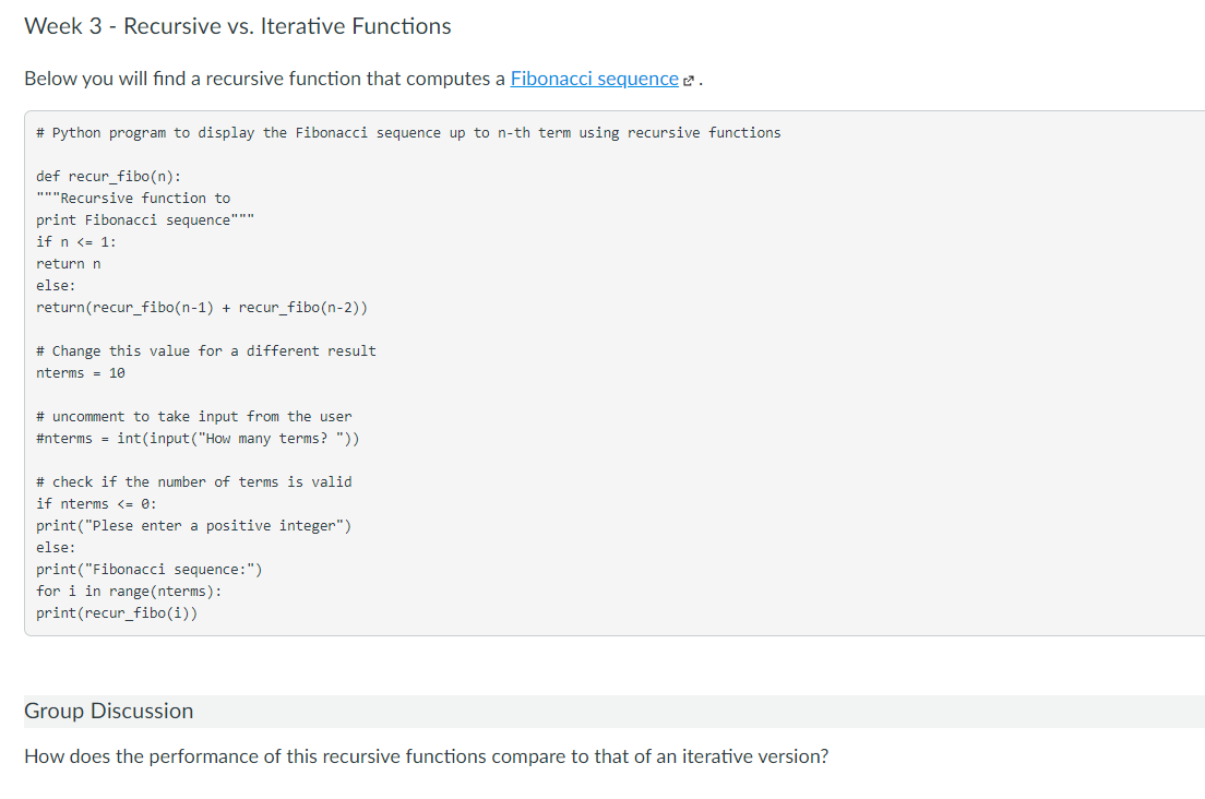 Week 3 - Recursive vs. Iterative Functions Below you | Chegg.com