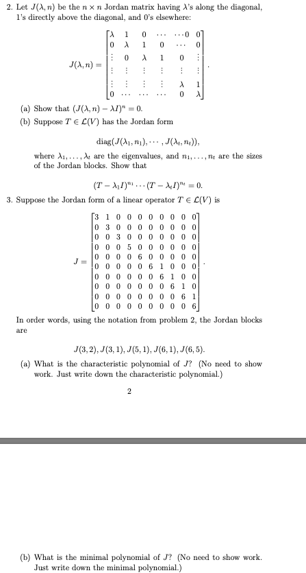 Solved 2 Let J X N Be The N X N Jordan Matrix Having A Chegg Com