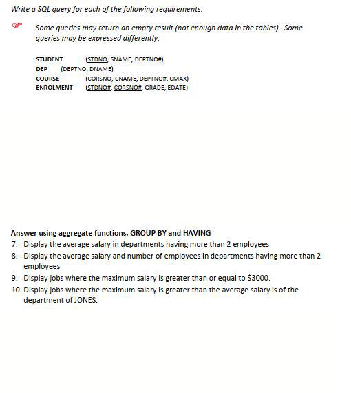 Write a SQL query for each of the following | Chegg.com