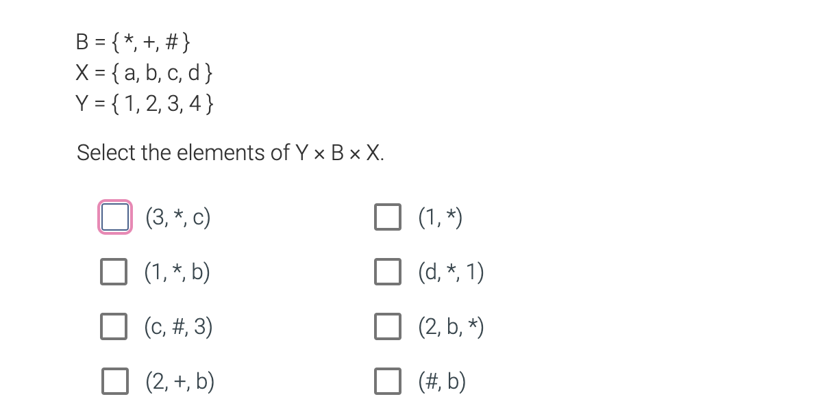 Solved B={∗,+,#}X={a,b,c,d}Y={1,2,3,4} Select The Elements | Chegg.com