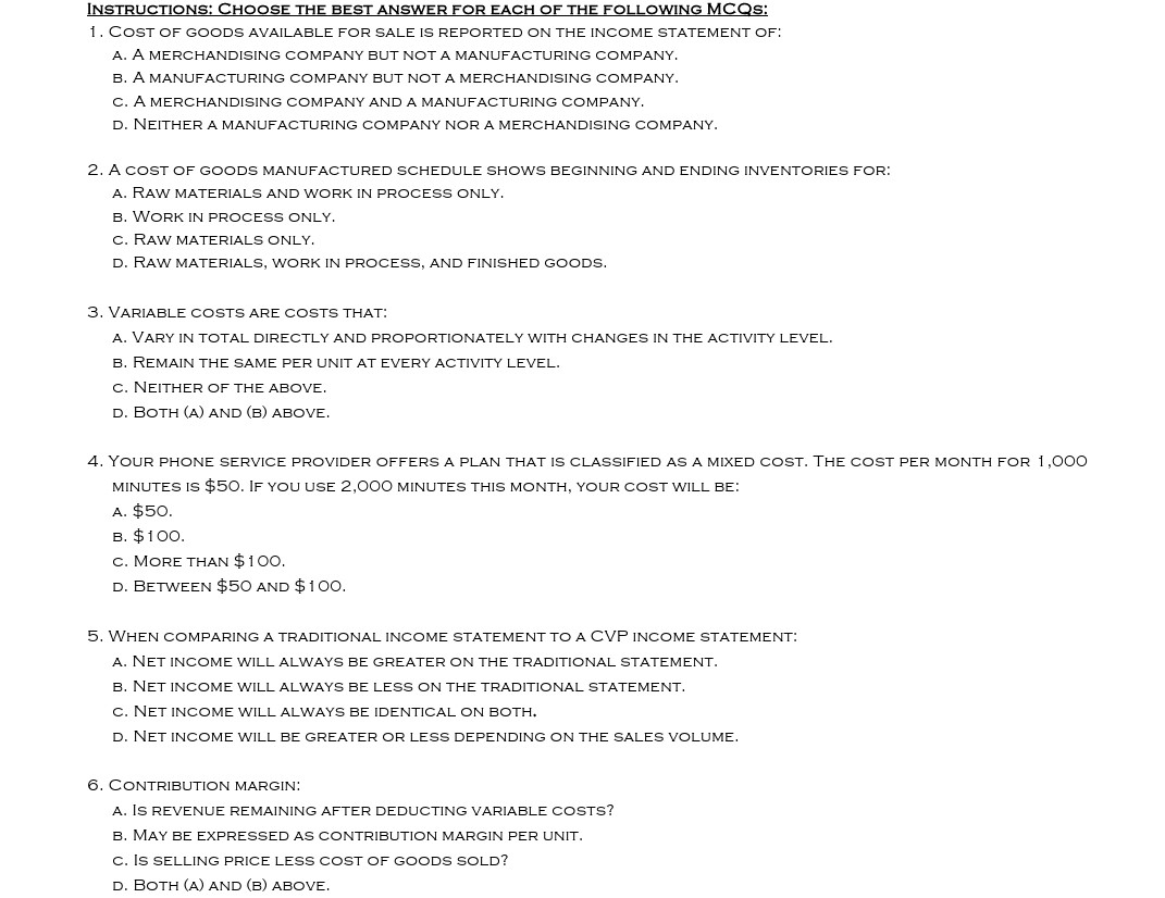 Solved INSTRUCTIONS: CHOOSE THE BEST ANSWER FOR EACH OF THE | Chegg.com