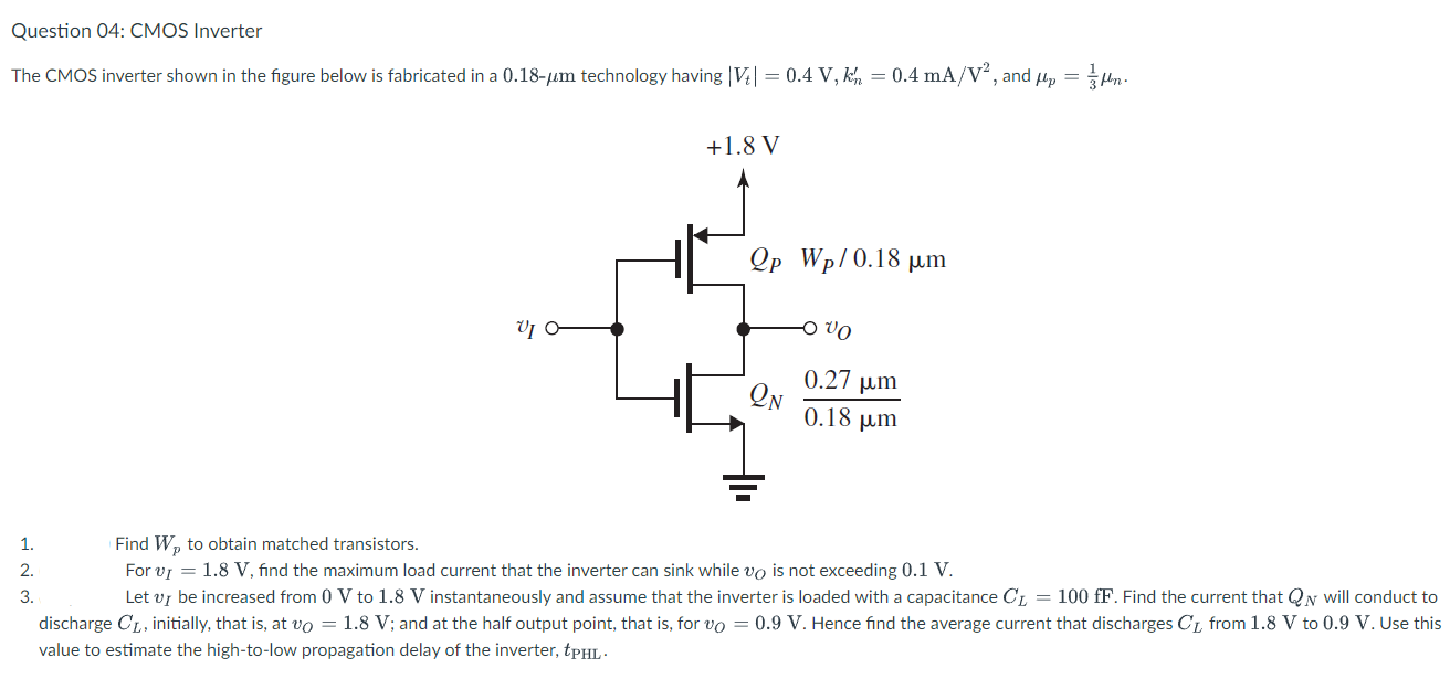 Solved Question 04: CMOS Inverter The CMOS inverter shown in | Chegg.com