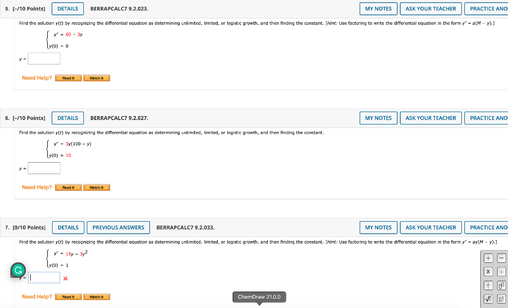 Solved {y′=60−3yy(0)=0 y= [-/10 Points] BERRAPCALC7 9.2.027. | Chegg.com