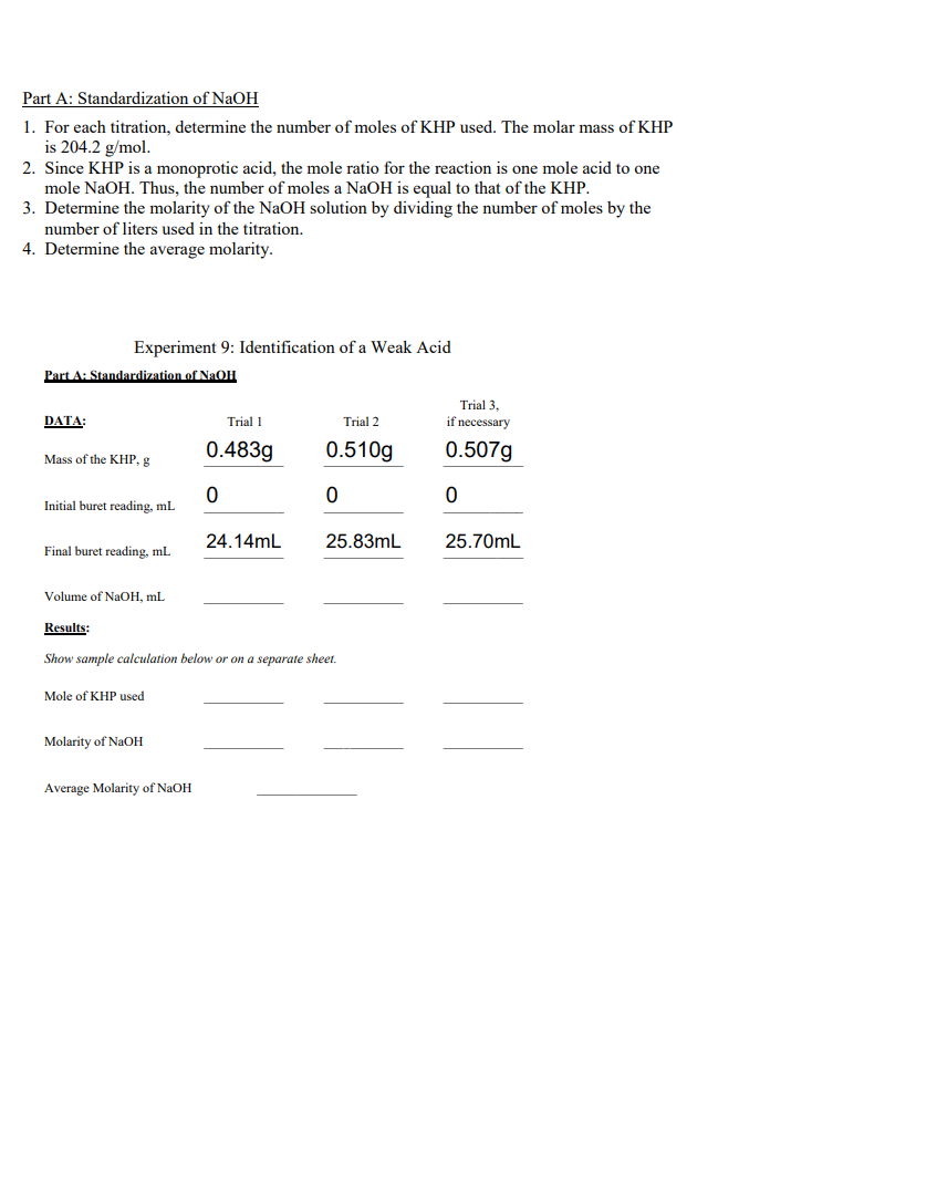 Solved Part A: Standardization of NaOH 1. For each | Chegg.com