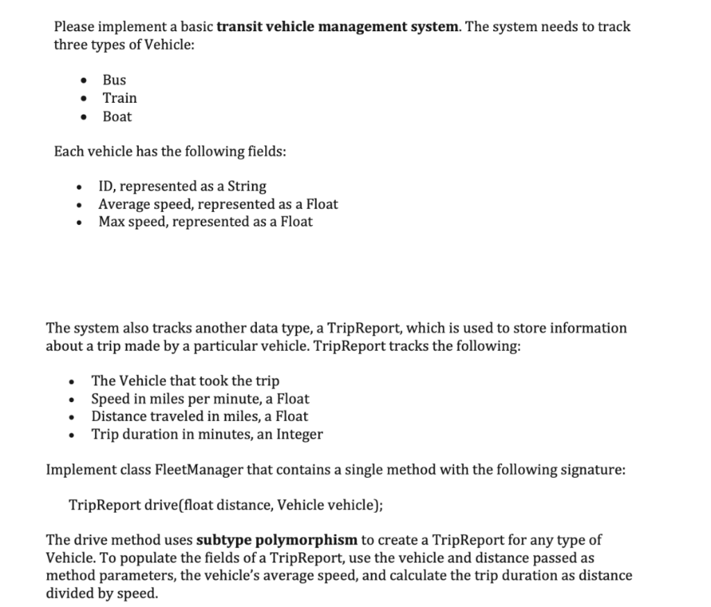 Please implement a basic transit vehicle management | Chegg.com