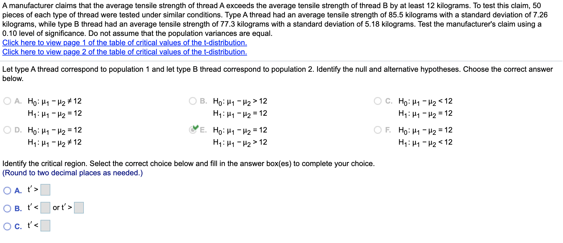 Solved A manufacturer claims that the average tensile