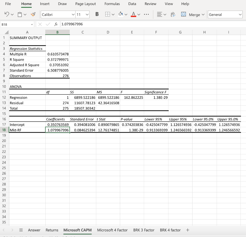 Solved 1. Using the returns for Microsoft, run a CAPM | Chegg.com