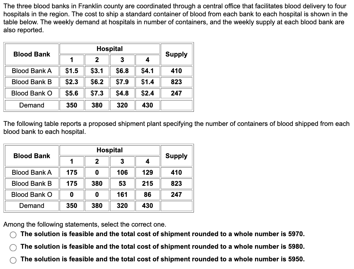 Solved The Three Blood Banks In Franklin County Are | Chegg.com