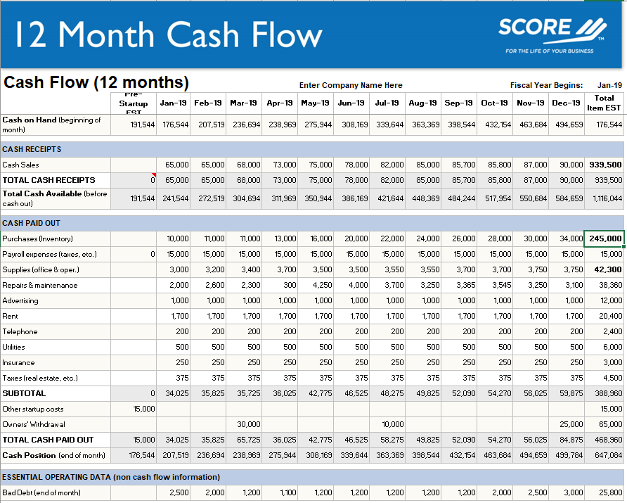 12 Month Cash Flow SCORE W FOR THE LIFE OF YOUR Chegg