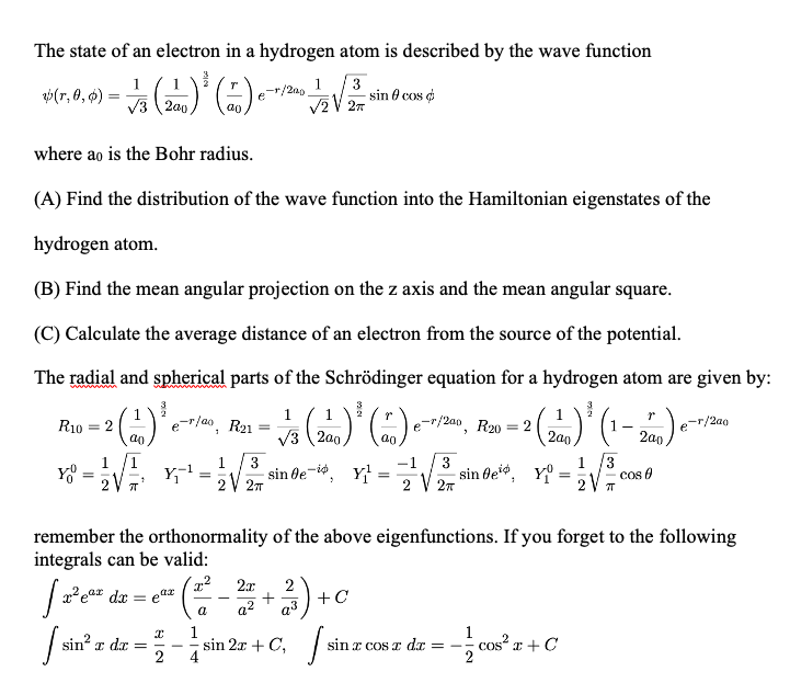 Solved The state of an electron in a hydrogen atom is | Chegg.com